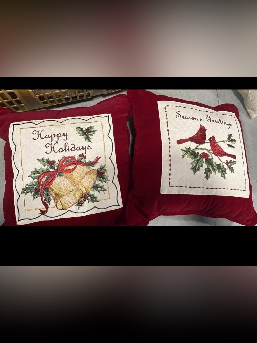 Embroidered Applique Bell Holly &Cardinal Throw Pillows Set Of Two Velvet